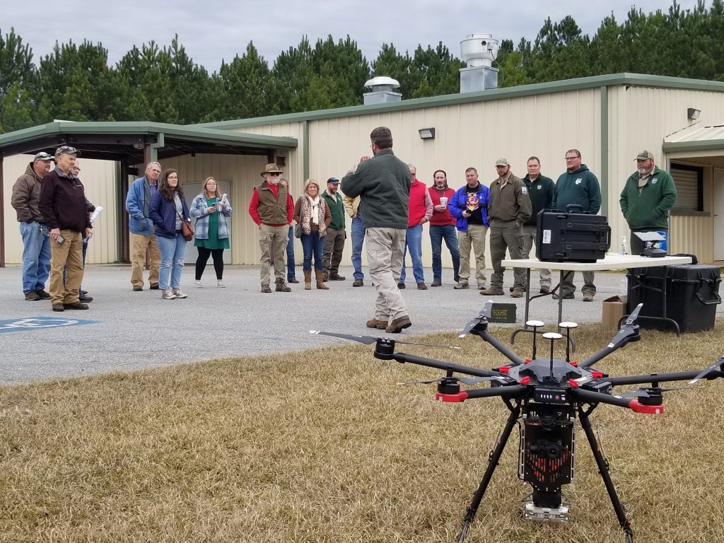 Private landowners and interested parties gathered for an informational session regarding partial funding opportunities for private landowners with regard to prescribed fire. There also was a live demonstration of using a drone for burns.